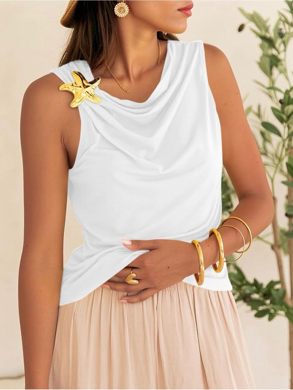 Brand New! Sleeveless White Drape Neck Top with Gold Star Accent (Size: XXL)